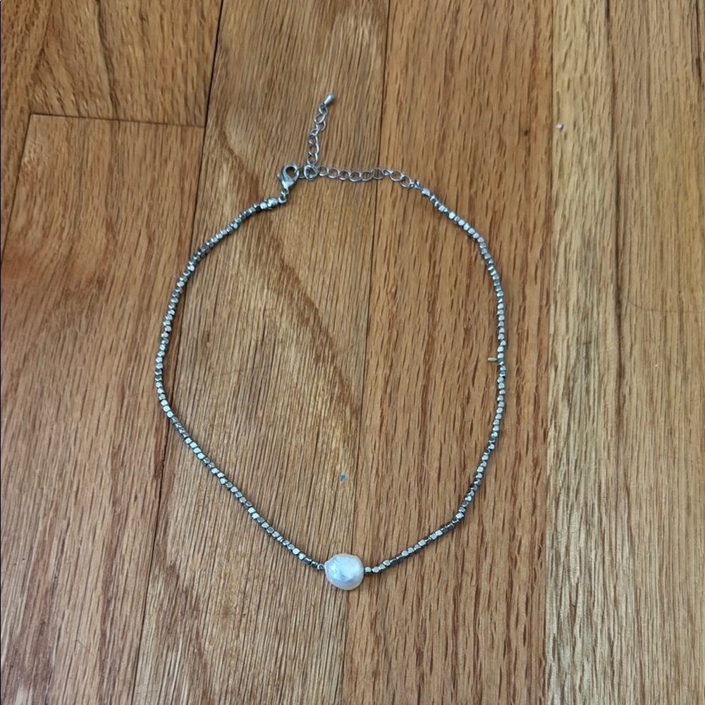 Silver Beaded Necklace with Pearl Accent